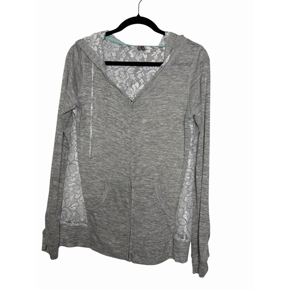 Vanity Gray Lace Back Zip Up Hoodie Jacket Floral Medium Lightweight Coquette